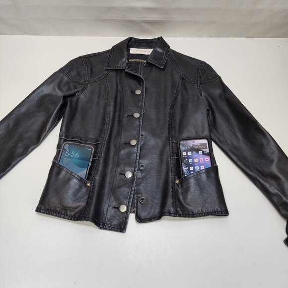 Paris Blue Faux Leather Jacket Small (3-5) Snap Buttons Leopard Trim Detail VGC - Picture 7 of 11